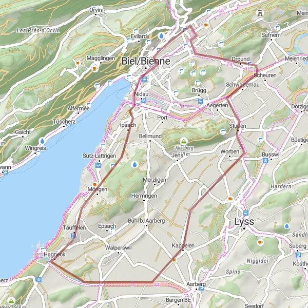 Kartminiatyr av "Nidau til Kappelen Grusvei Utforskning" sykkelinspirasjon i Espace Mittelland, Switzerland. Generert av Tarmacs.app sykkelrutoplanlegger