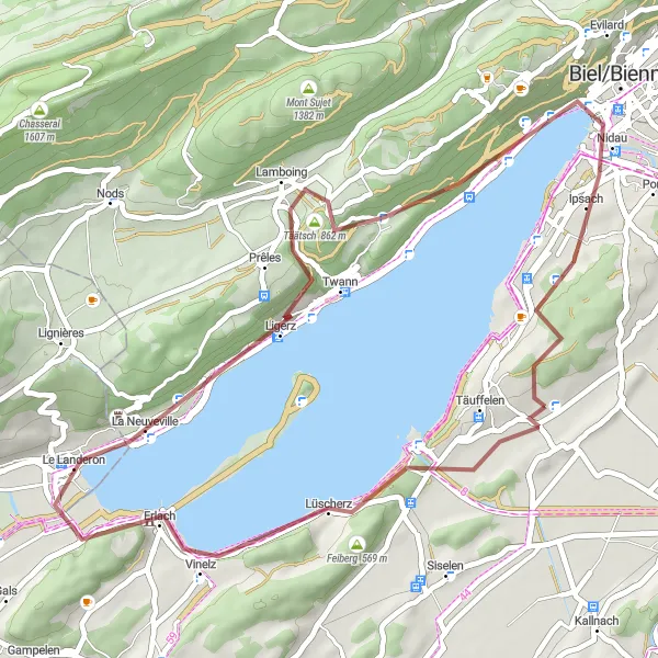 Karttaminiaatyyri "Erlach - Sutz-Lattrigen pyöräilyreitti" pyöräilyinspiraatiosta alueella Espace Mittelland, Switzerland. Luotu Tarmacs.app pyöräilyreittisuunnittelijalla