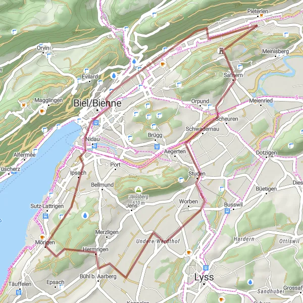 Miniatura della mappa di ispirazione al ciclismo "Viaggio in bici attraverso la campagna svizzera" nella regione di Espace Mittelland, Switzerland. Generata da Tarmacs.app, pianificatore di rotte ciclistiche