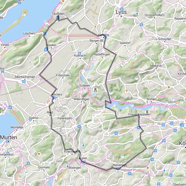 Miniatua del mapa de inspiración ciclista "Exploración rural por Frauenkappelen y Hagneck" en Espace Mittelland, Switzerland. Generado por Tarmacs.app planificador de rutas ciclistas
