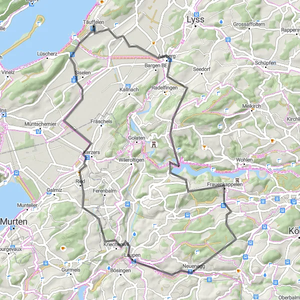 Karten-Miniaturansicht der Radinspiration "Entspannte Radtour entlang des Sees und durch charmante Dörfer" in Espace Mittelland, Switzerland. Erstellt vom Tarmacs.app-Routenplaner für Radtouren