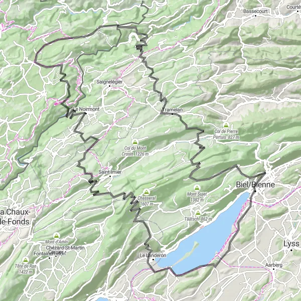 Miniatua del mapa de inspiración ciclista "Col du Chasseral y las colinas de Jura" en Espace Mittelland, Switzerland. Generado por Tarmacs.app planificador de rutas ciclistas