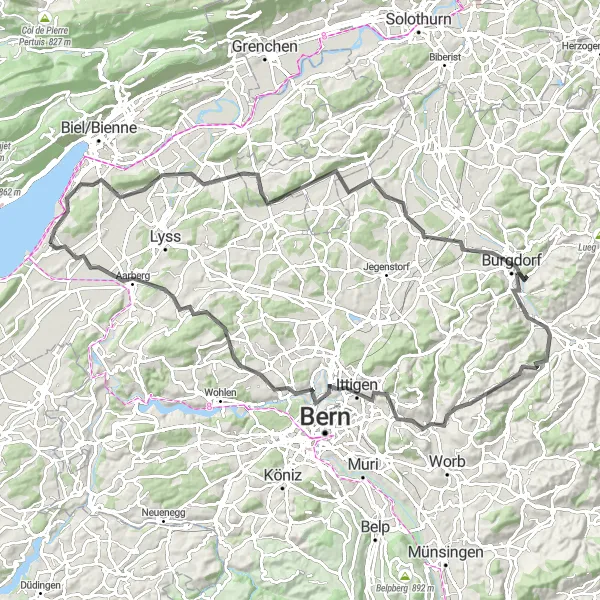 Miniatua del mapa de inspiración ciclista "Ruta escénica por Fraubrunnen y Bremgarten" en Espace Mittelland, Switzerland. Generado por Tarmacs.app planificador de rutas ciclistas