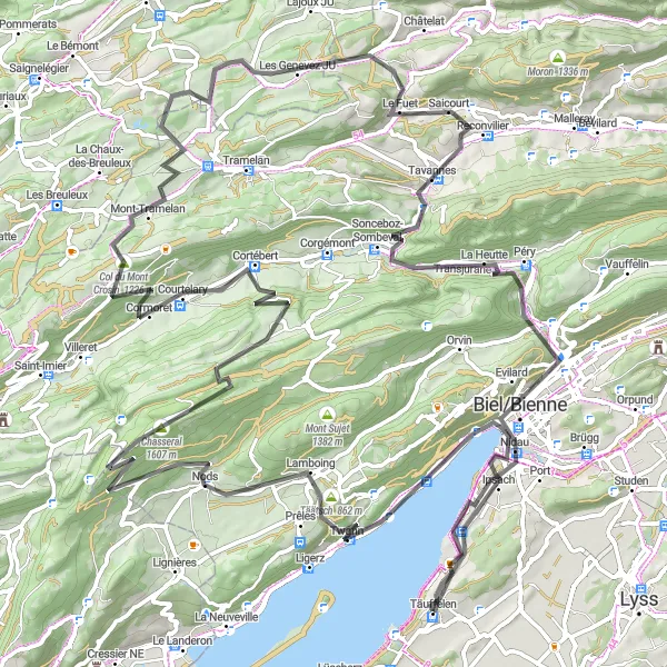 Miniatua del mapa de inspiración ciclista "Desafío de Carretera: Täuffelen - Chasseral" en Espace Mittelland, Switzerland. Generado por Tarmacs.app planificador de rutas ciclistas