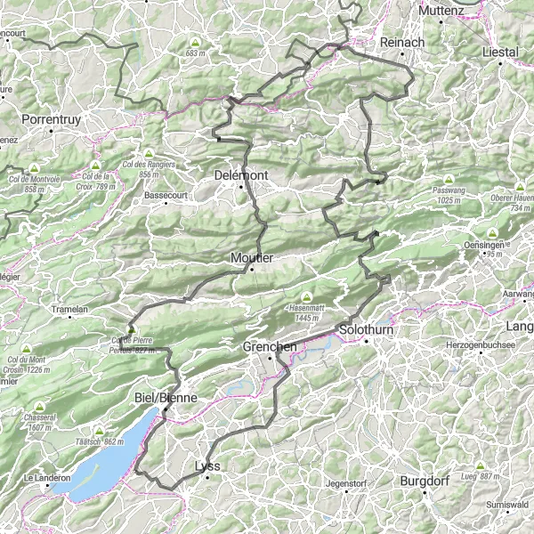 Miniatua del mapa de inspiración ciclista "Col de Pierre Pertuis y Mont Girod" en Espace Mittelland, Switzerland. Generado por Tarmacs.app planificador de rutas ciclistas