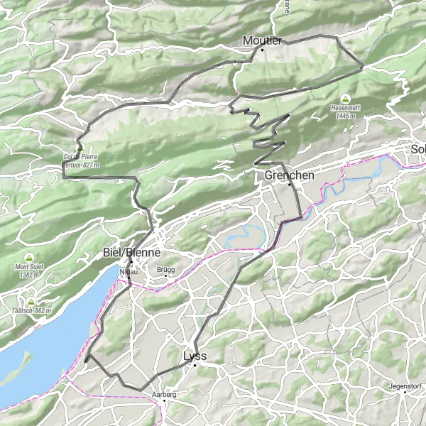 Miniatura della mappa di ispirazione al ciclismo "Via del Giura Bernese" nella regione di Espace Mittelland, Switzerland. Generata da Tarmacs.app, pianificatore di rotte ciclistiche