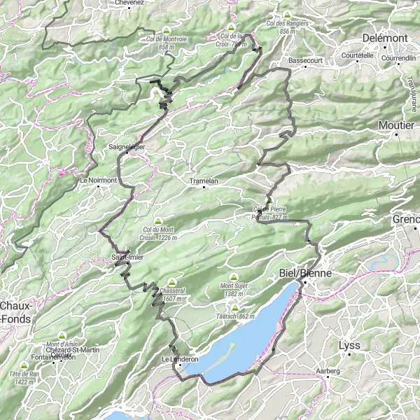 Zemljevid v pomanjšavi "Potovanje po Jurji v sosednji kanton" kolesarske inspiracije v Espace Mittelland, Switzerland. Generirano z načrtovalcem kolesarskih poti Tarmacs.app