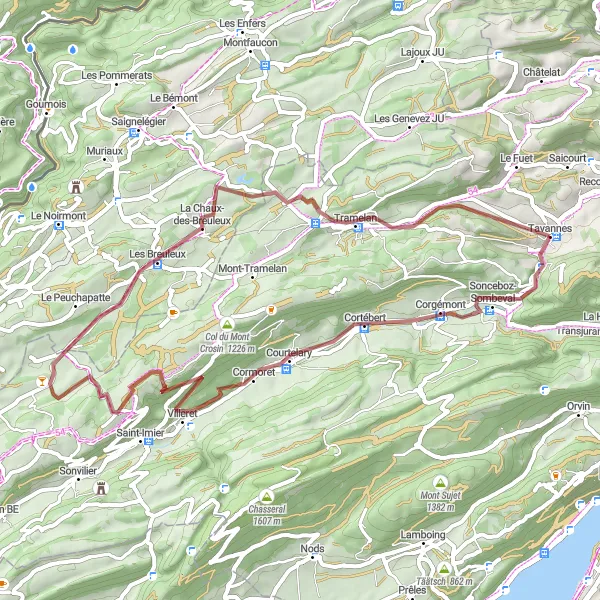 Map miniature of "Gravel adventure around Tavannes" cycling inspiration in Espace Mittelland, Switzerland. Generated by Tarmacs.app cycling route planner