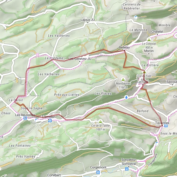 Mapa miniatúra "Trasa okolo Tavannes na šotolinách" cyklistická inšpirácia v Espace Mittelland, Switzerland. Vygenerované cyklistickým plánovačom trás Tarmacs.app