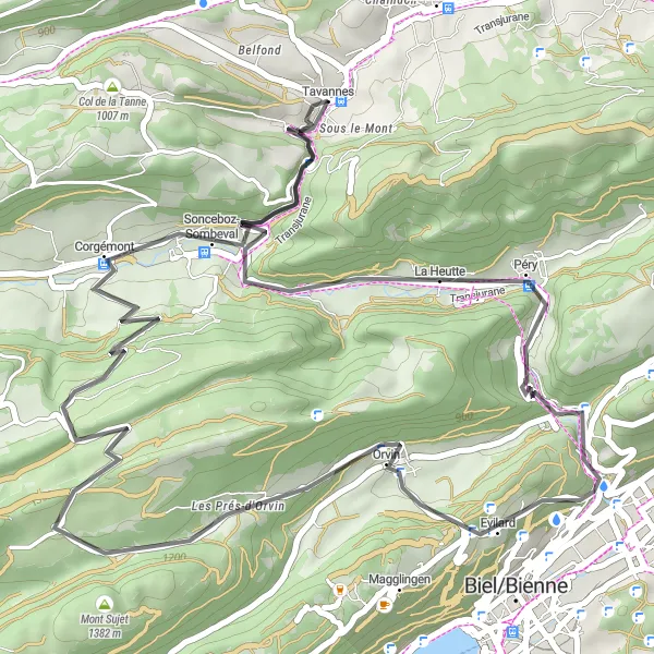 Kartminiatyr av "Vägcykling till Corgémont" cykelinspiration i Espace Mittelland, Switzerland. Genererad av Tarmacs.app cykelruttplanerare