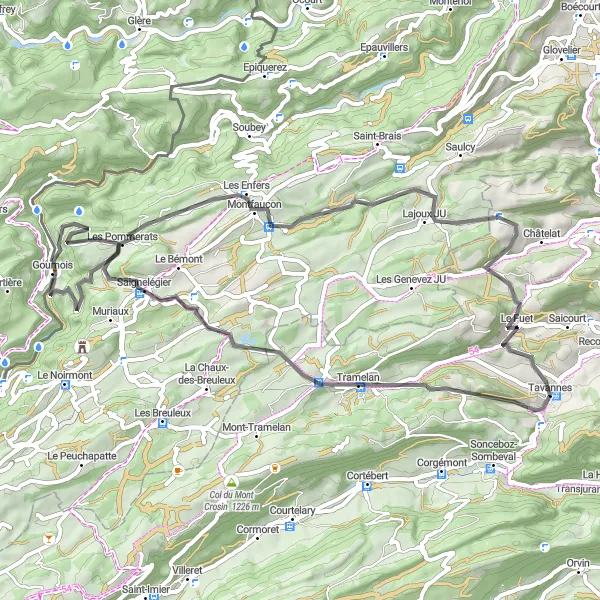 Miniatura della mappa di ispirazione al ciclismo "Giro panoramico attraverso il Col de Pierre Pertuis" nella regione di Espace Mittelland, Switzerland. Generata da Tarmacs.app, pianificatore di rotte ciclistiche