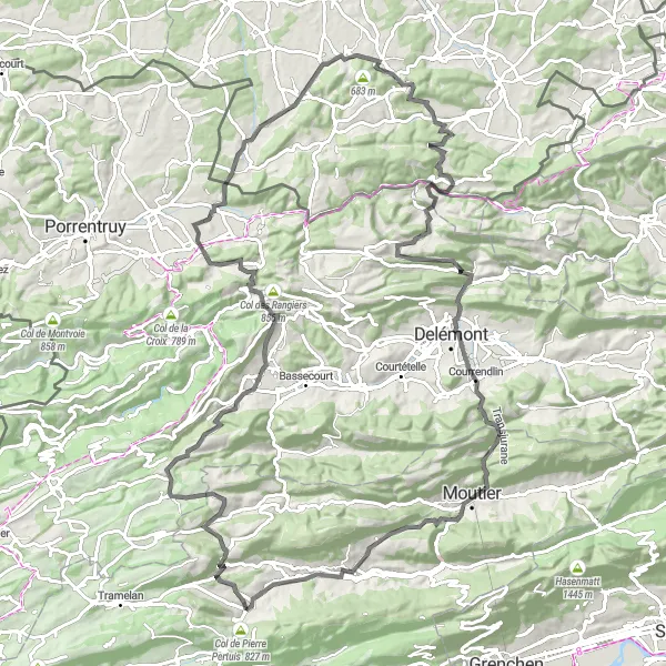 Zemljevid v pomanjšavi "Cestovna tura od Tavannesa kroz Col des Rangiers" kolesarske inspiracije v Espace Mittelland, Switzerland. Generirano z načrtovalcem kolesarskih poti Tarmacs.app