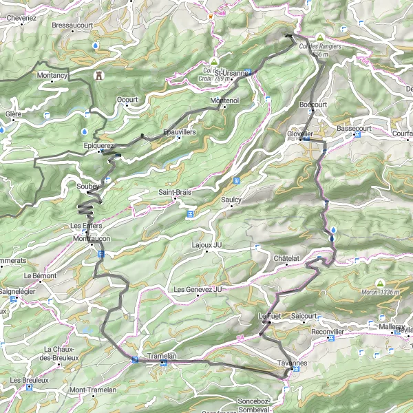 Mapa miniatúra "Výzva pre športových nadšencov: Okružná cyklotrasa s náročným terénom" cyklistická inšpirácia v Espace Mittelland, Switzerland. Vygenerované cyklistickým plánovačom trás Tarmacs.app