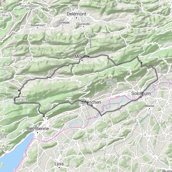 Miniatura della mappa di ispirazione al ciclismo "Tour panoramico tra monti e valli" nella regione di Espace Mittelland, Switzerland. Generata da Tarmacs.app, pianificatore di rotte ciclistiche