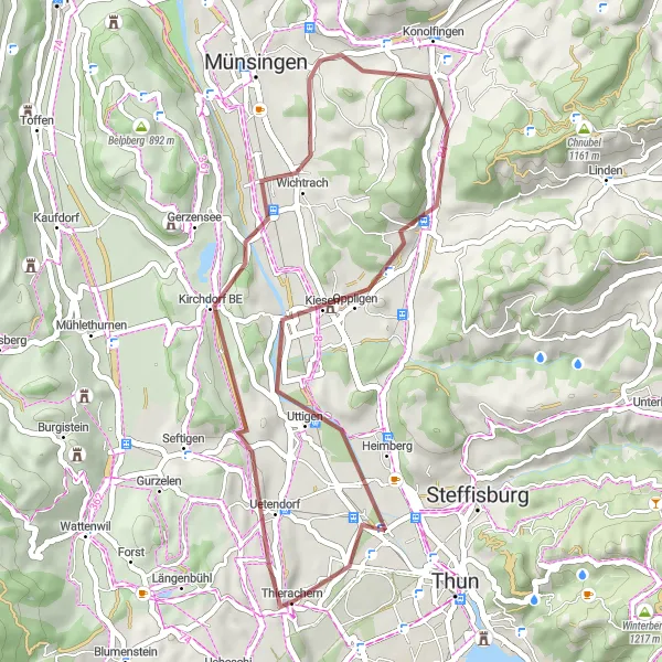 Kartminiatyr av "Landsbygdsopplevelse fra Wichtrach til Uetendorf" sykkelinspirasjon i Espace Mittelland, Switzerland. Generert av Tarmacs.app sykkelrutoplanlegger