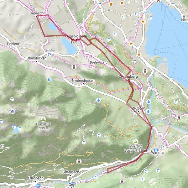 Zemljevid v pomanjšavi "Pustolovščina Wimmis - Amsoldingen" kolesarske inspiracije v Espace Mittelland, Switzerland. Generirano z načrtovalcem kolesarskih poti Tarmacs.app