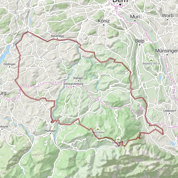 Miniaturní mapa "Gravel Route: Thierachern - Rütihubel - Laupen" inspirace pro cyklisty v oblasti Espace Mittelland, Switzerland. Vytvořeno pomocí plánovače tras Tarmacs.app