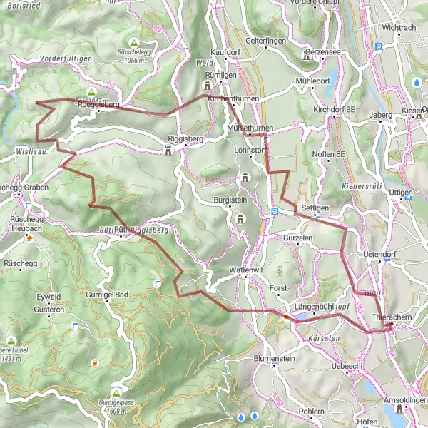 Miniatuurkaart van de fietsinspiratie "Gravelroute Thierachern: Rüti - Gibelegg - Egg - Rüeggisberg - Seftigen" in Espace Mittelland, Switzerland. Gemaakt door de Tarmacs.app fietsrouteplanner