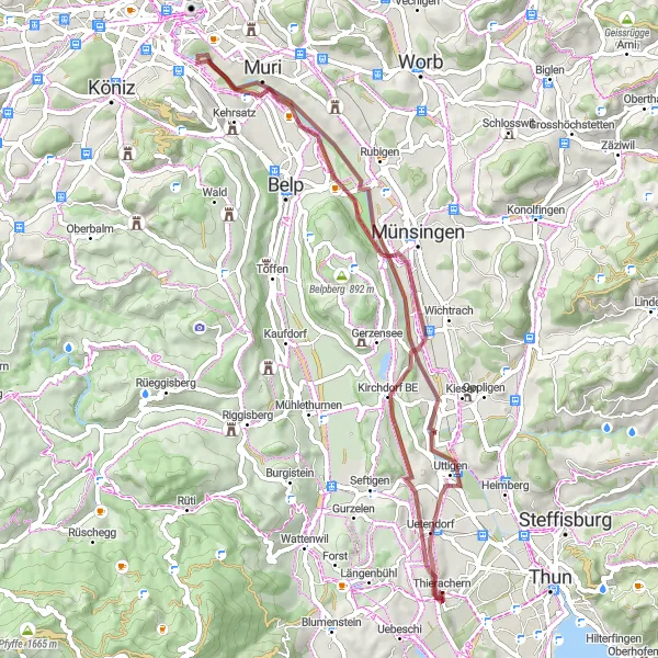 Karttaminiaatyyri "Monipuoliset maastopyöräreitit Thierachernin läheisyydessä" pyöräilyinspiraatiosta alueella Espace Mittelland, Switzerland. Luotu Tarmacs.app pyöräilyreittisuunnittelijalla