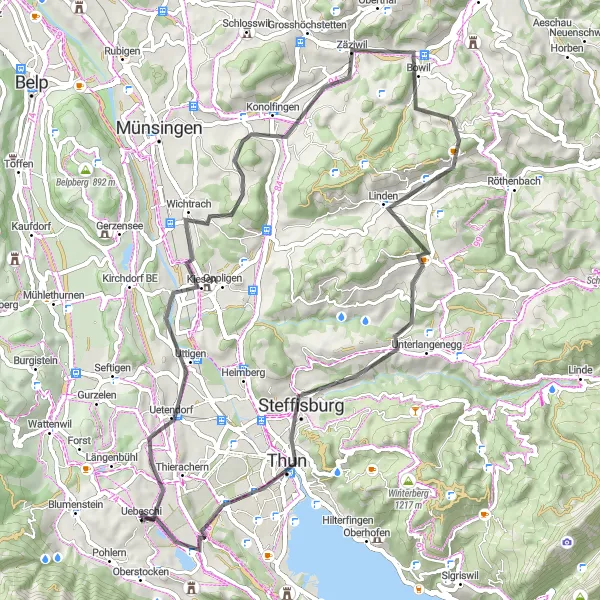 Zemljevid v pomanjšavi "Razgibana kolesarska pot po Espace Mittelland" kolesarske inspiracije v Espace Mittelland, Switzerland. Generirano z načrtovalcem kolesarskih poti Tarmacs.app