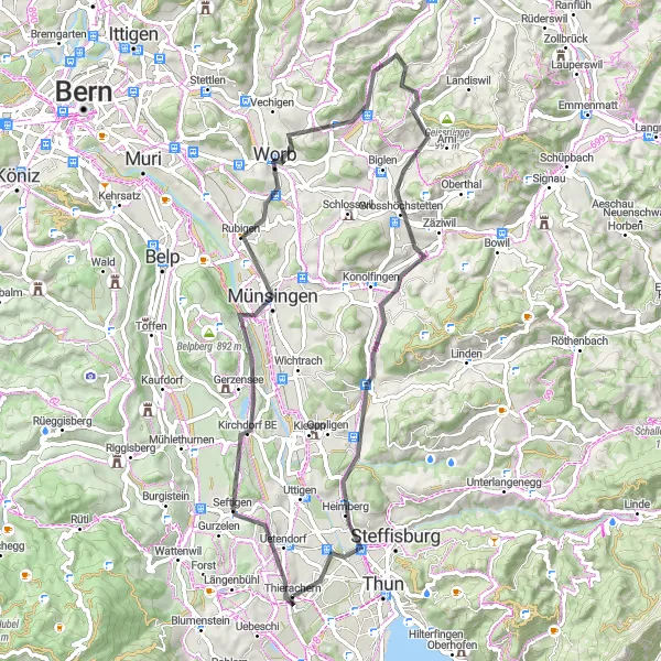 Kartminiatyr av "Landeveistur til Münsingen og Heimberg" sykkelinspirasjon i Espace Mittelland, Switzerland. Generert av Tarmacs.app sykkelrutoplanlegger
