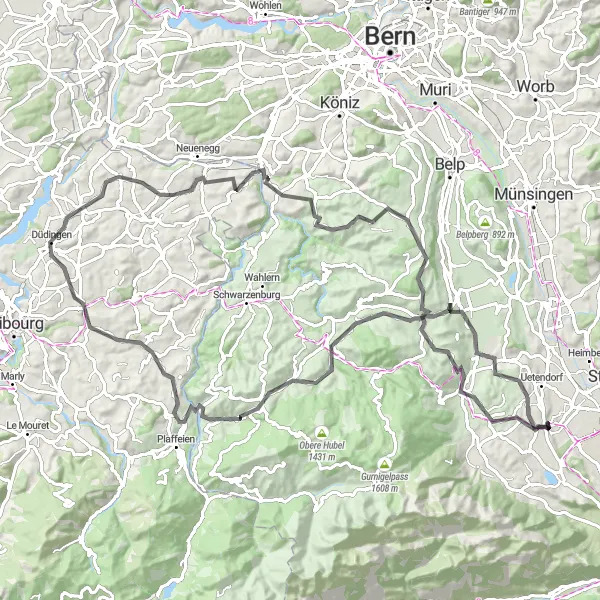 Miniatua del mapa de inspiración ciclista "Ruta Escénica de 103km desde Seftigen a Wattenwil" en Espace Mittelland, Switzerland. Generado por Tarmacs.app planificador de rutas ciclistas