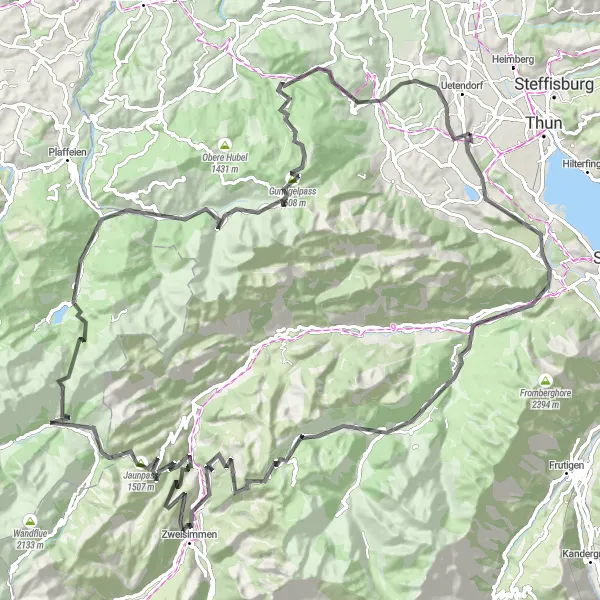 Kartminiatyr av "Utforsk Jaunpass og Gurnigelpass" sykkelinspirasjon i Espace Mittelland, Switzerland. Generert av Tarmacs.app sykkelrutoplanlegger