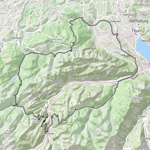 Miniatua del mapa de inspiración ciclista "Desafío de Ciclismo de 128km desde Zwieselberg a Gurzelen" en Espace Mittelland, Switzerland. Generado por Tarmacs.app planificador de rutas ciclistas