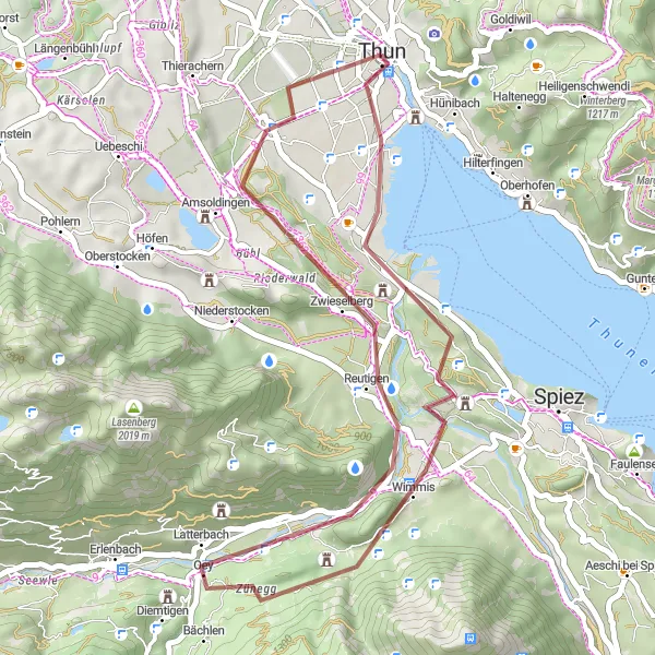 Miniaturní mapa "Gravelová trasa kolem Thunersee" inspirace pro cyklisty v oblasti Espace Mittelland, Switzerland. Vytvořeno pomocí plánovače tras Tarmacs.app