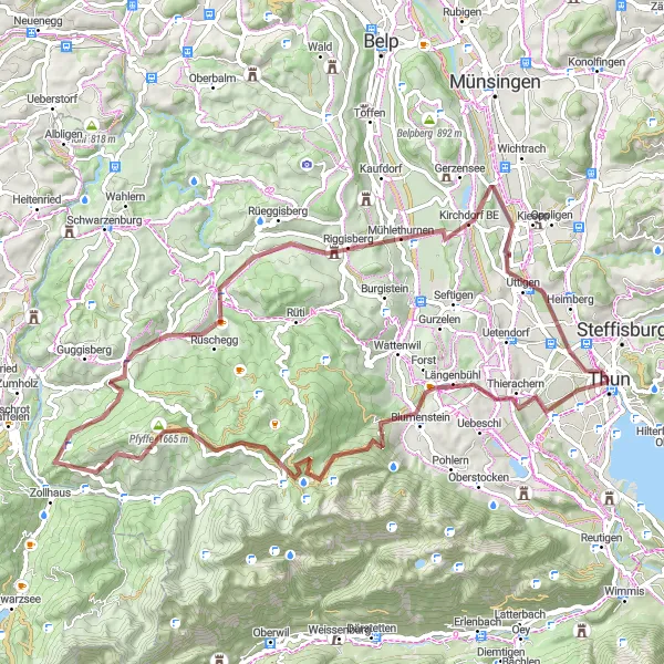 Miniature de la carte de l'inspiration cycliste "Escapade à Riggisberg depuis Thun via Goldegg" dans la Espace Mittelland, Switzerland. Générée par le planificateur d'itinéraire cycliste Tarmacs.app
