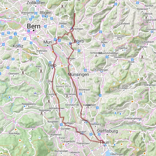 Kartminiatyr av "Rundtur på grusvägar bland byar nära Thun" cykelinspiration i Espace Mittelland, Switzerland. Genererad av Tarmacs.app cykelruttplanerare