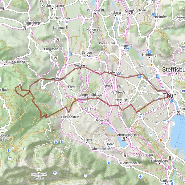 Kartminiatyr av "Thun till Thierachern Grusvägscykelbana" cykelinspiration i Espace Mittelland, Switzerland. Genererad av Tarmacs.app cykelruttplanerare