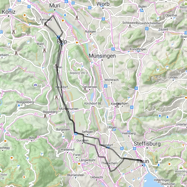 Miniatua del mapa de inspiración ciclista "Ruta de ciclismo de carretera cercana a Thun" en Espace Mittelland, Switzerland. Generado por Tarmacs.app planificador de rutas ciclistas