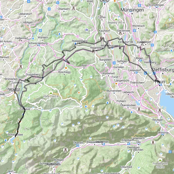 Zemljevid v pomanjšavi "Thun to Guggisberg Cycling Adventure" kolesarske inspiracije v Espace Mittelland, Switzerland. Generirano z načrtovalcem kolesarskih poti Tarmacs.app