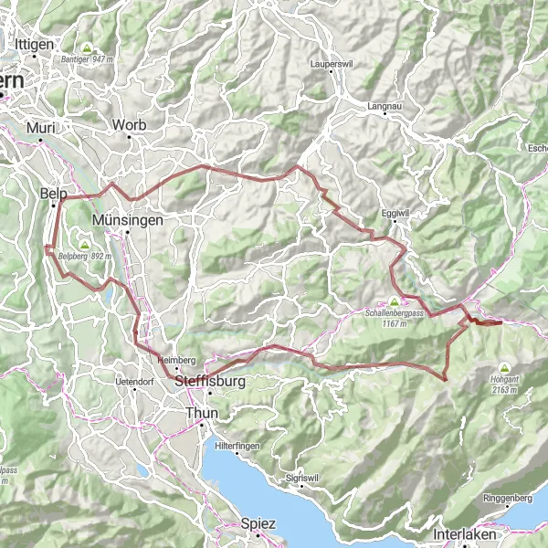 Miniaturní mapa "Gravel trasa Belp - Kaufdorf přes Schallenbergpass" inspirace pro cyklisty v oblasti Espace Mittelland, Switzerland. Vytvořeno pomocí plánovače tras Tarmacs.app