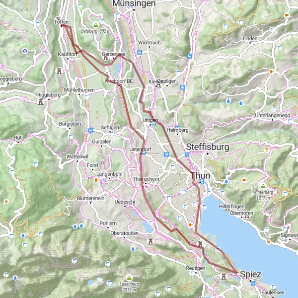 Zemljevid v pomanjšavi "Gravel od Toffen do Heiterna" kolesarske inspiracije v Espace Mittelland, Switzerland. Generirano z načrtovalcem kolesarskih poti Tarmacs.app