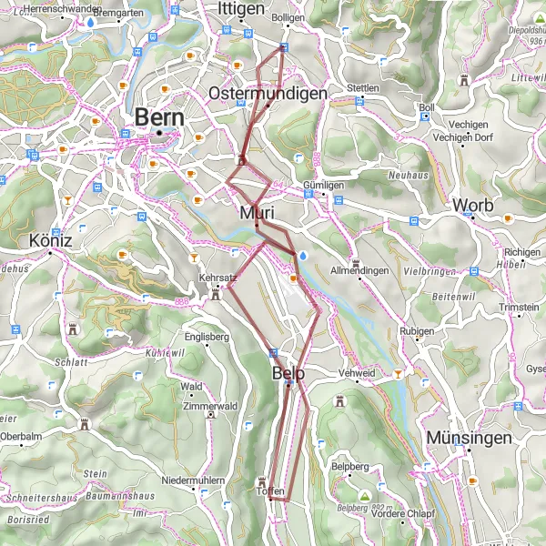 Mapa miniatúra "Gravelová cyklotúra Muri - Schloss Toffen" cyklistická inšpirácia v Espace Mittelland, Switzerland. Vygenerované cyklistickým plánovačom trás Tarmacs.app