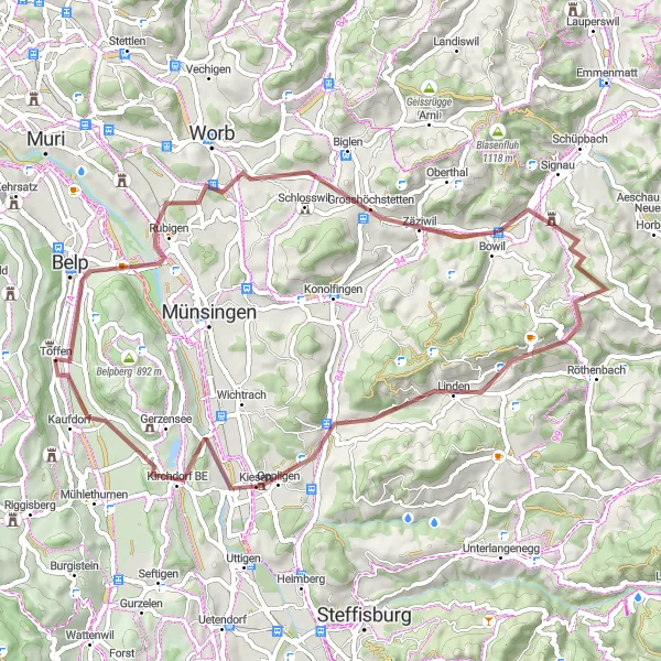 Karten-Miniaturansicht der Radinspiration "Hügeliges Gravel-Abenteuer um Toffen" in Espace Mittelland, Switzerland. Erstellt vom Tarmacs.app-Routenplaner für Radtouren