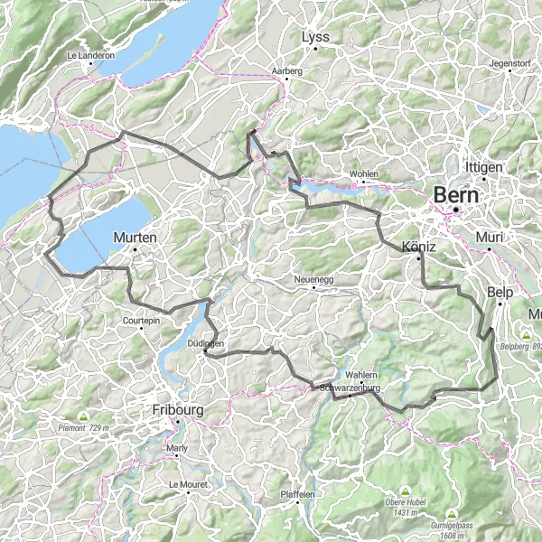 Map miniature of "Kaufdorf - Frauenkappelen Road Loop" cycling inspiration in Espace Mittelland, Switzerland. Generated by Tarmacs.app cycling route planner