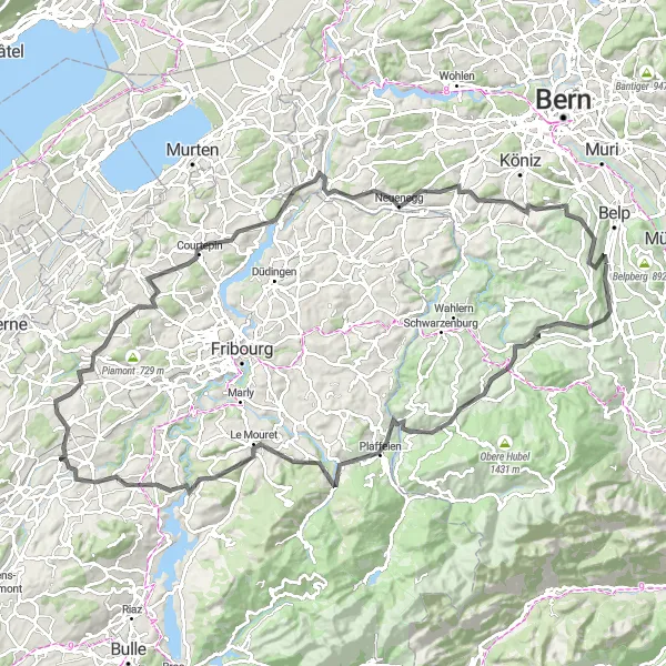 Map miniature of "Rüeggisberg - Zimmerwald Road Loop" cycling inspiration in Espace Mittelland, Switzerland. Generated by Tarmacs.app cycling route planner