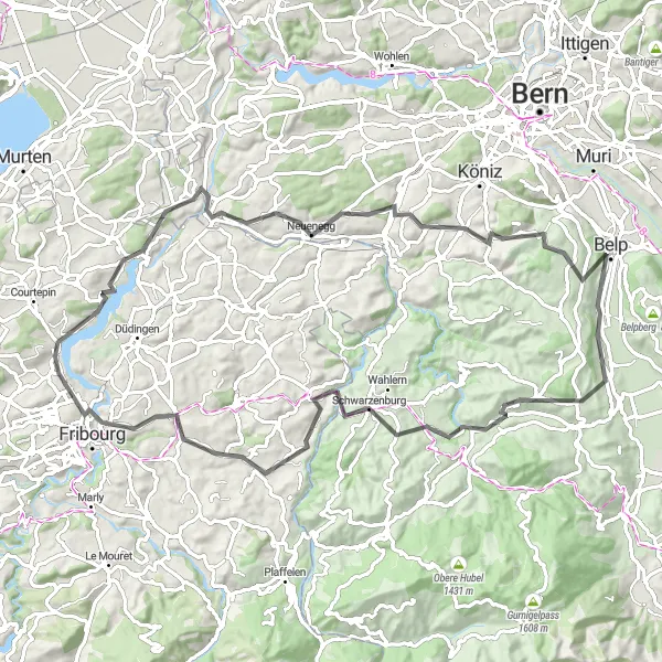 Kartminiatyr av "Landeveissykling rundt Fribourg via Bad Bonn og Laupen" sykkelinspirasjon i Espace Mittelland, Switzerland. Generert av Tarmacs.app sykkelrutoplanlegger