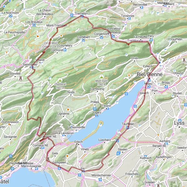 Mapa miniatúra "Gravelový výlet po okolí Tramelanu" cyklistická inšpirácia v Espace Mittelland, Switzerland. Vygenerované cyklistickým plánovačom trás Tarmacs.app