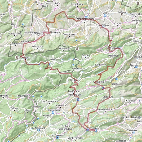 Miniatura della mappa di ispirazione al ciclismo "Escursione epica da Tramelan a Lajoux JU" nella regione di Espace Mittelland, Switzerland. Generata da Tarmacs.app, pianificatore di rotte ciclistiche