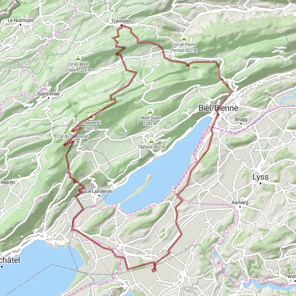 Miniature de la carte de l'inspiration cycliste "Le Tour des Lacs et Collines" dans la Espace Mittelland, Switzerland. Générée par le planificateur d'itinéraire cycliste Tarmacs.app