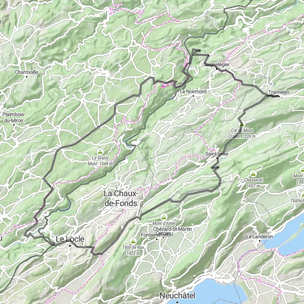 Miniaturní mapa "Panoramic Road Cycling Tour from Tramelan to Le Locle" inspirace pro cyklisty v oblasti Espace Mittelland, Switzerland. Vytvořeno pomocí plánovače tras Tarmacs.app