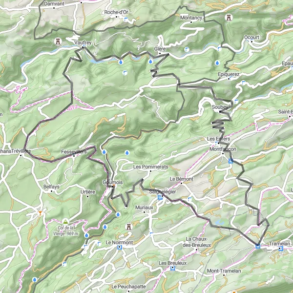 Miniatura della mappa di ispirazione al ciclismo "Tour avvincente da Saignelégier a Sous la Sagne" nella regione di Espace Mittelland, Switzerland. Generata da Tarmacs.app, pianificatore di rotte ciclistiche