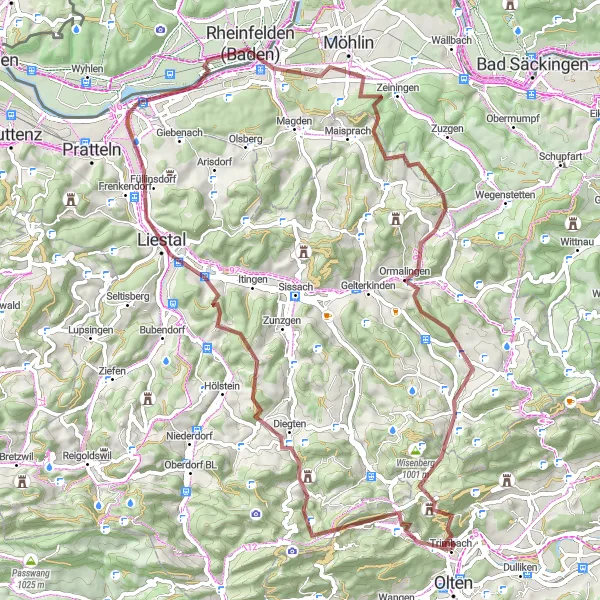 Map miniature of "Exploring Liestal" cycling inspiration in Espace Mittelland, Switzerland. Generated by Tarmacs.app cycling route planner