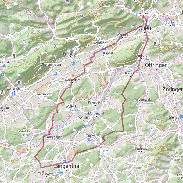 Mapa miniatúra "Gravelová trasa cez Olten a Rothrist" cyklistická inšpirácia v Espace Mittelland, Switzerland. Vygenerované cyklistickým plánovačom trás Tarmacs.app