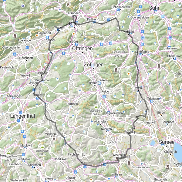 Zemljevid v pomanjšavi "Krog okoli Trimbacha - Cesta" kolesarske inspiracije v Espace Mittelland, Switzerland. Generirano z načrtovalcem kolesarskih poti Tarmacs.app