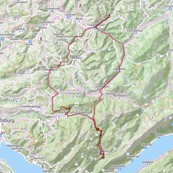 Map miniature of "Gravel Adventure from Trub to Hurnusser" cycling inspiration in Espace Mittelland, Switzerland. Generated by Tarmacs.app cycling route planner